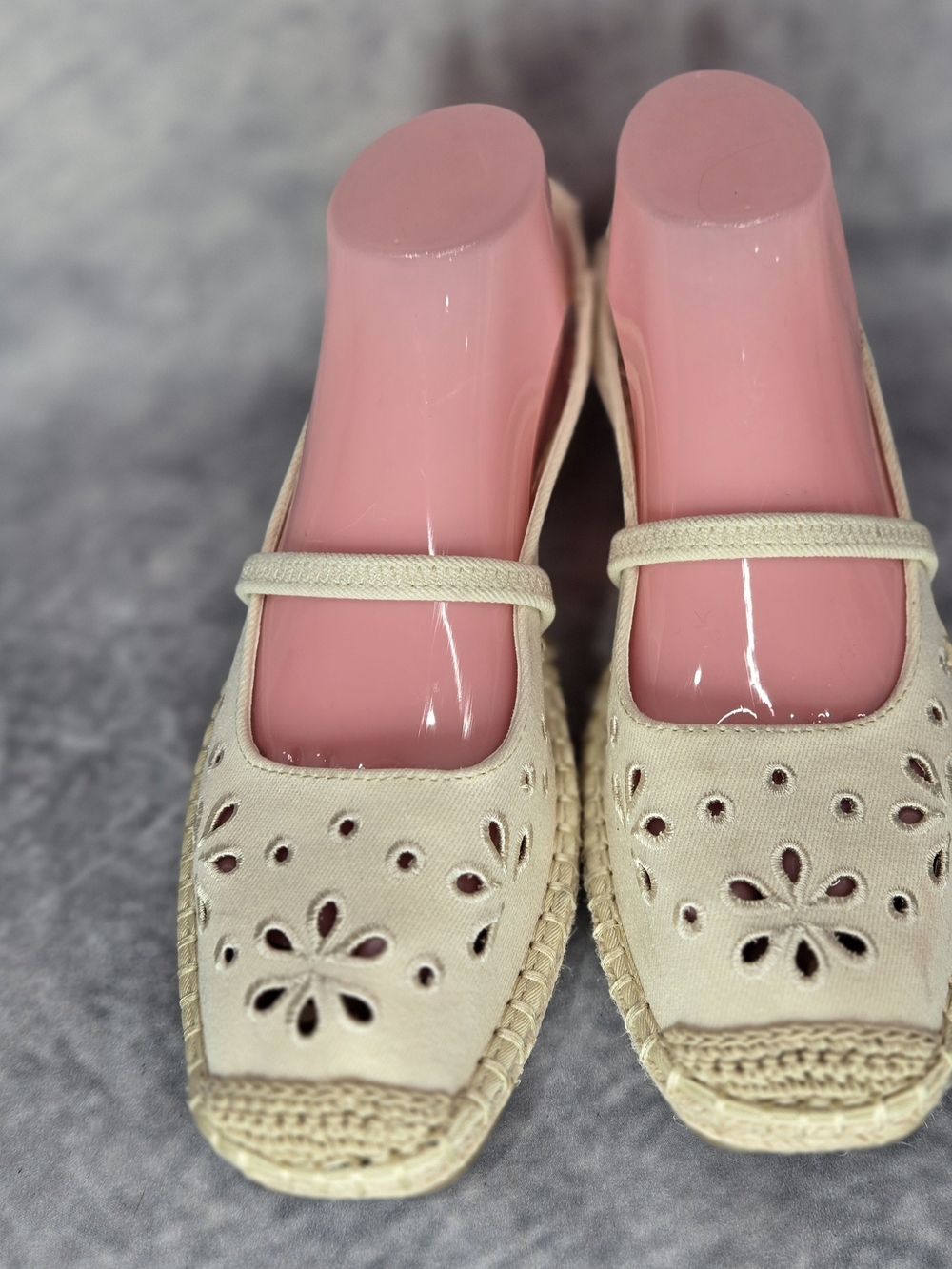 Time and Tru Cream Mary Jane Espadrille Flats with Floral Cutouts